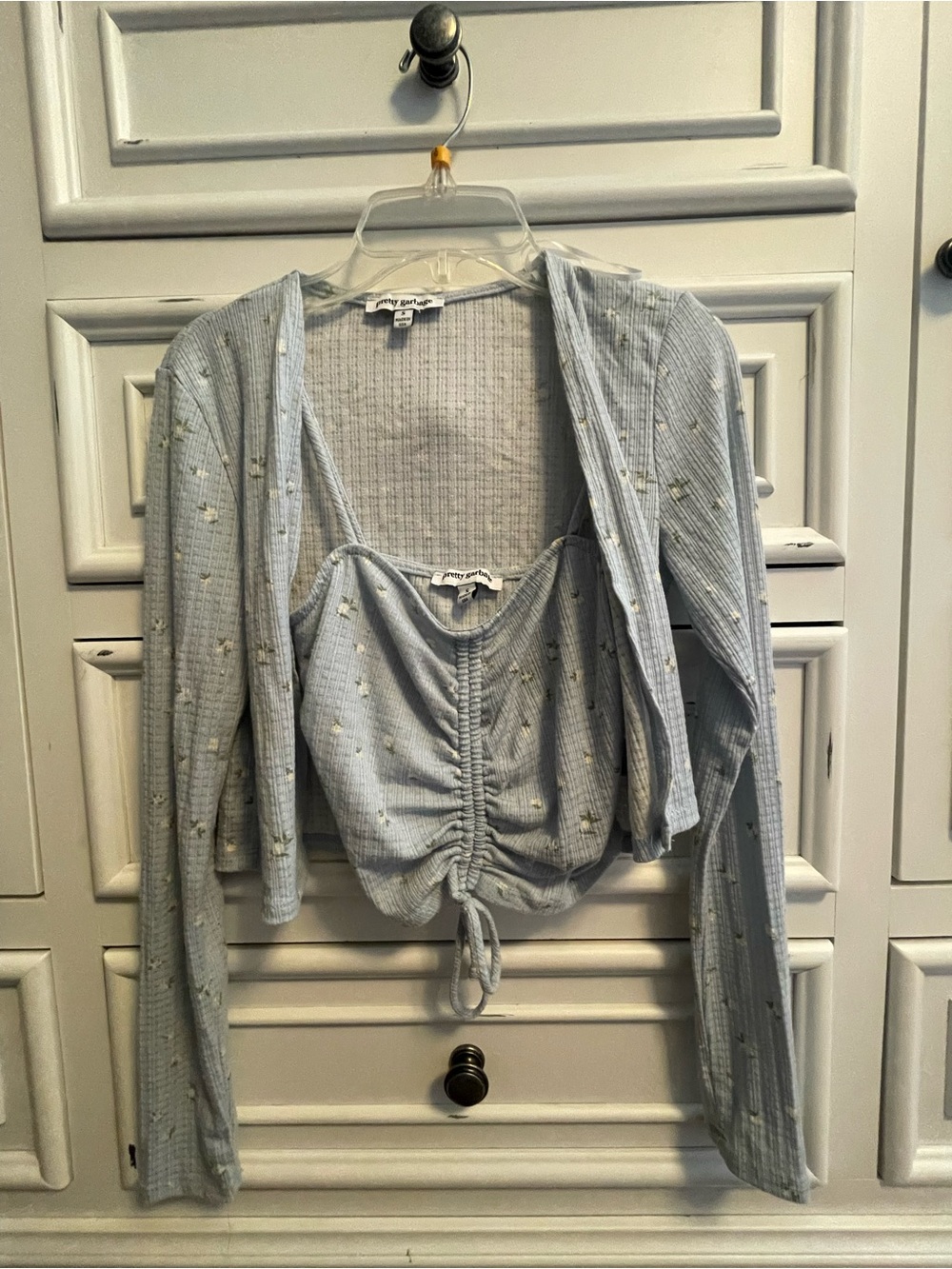 2 Piece Set. Light Blue Floral Ribbed Cardigan & Cropped Tank Set